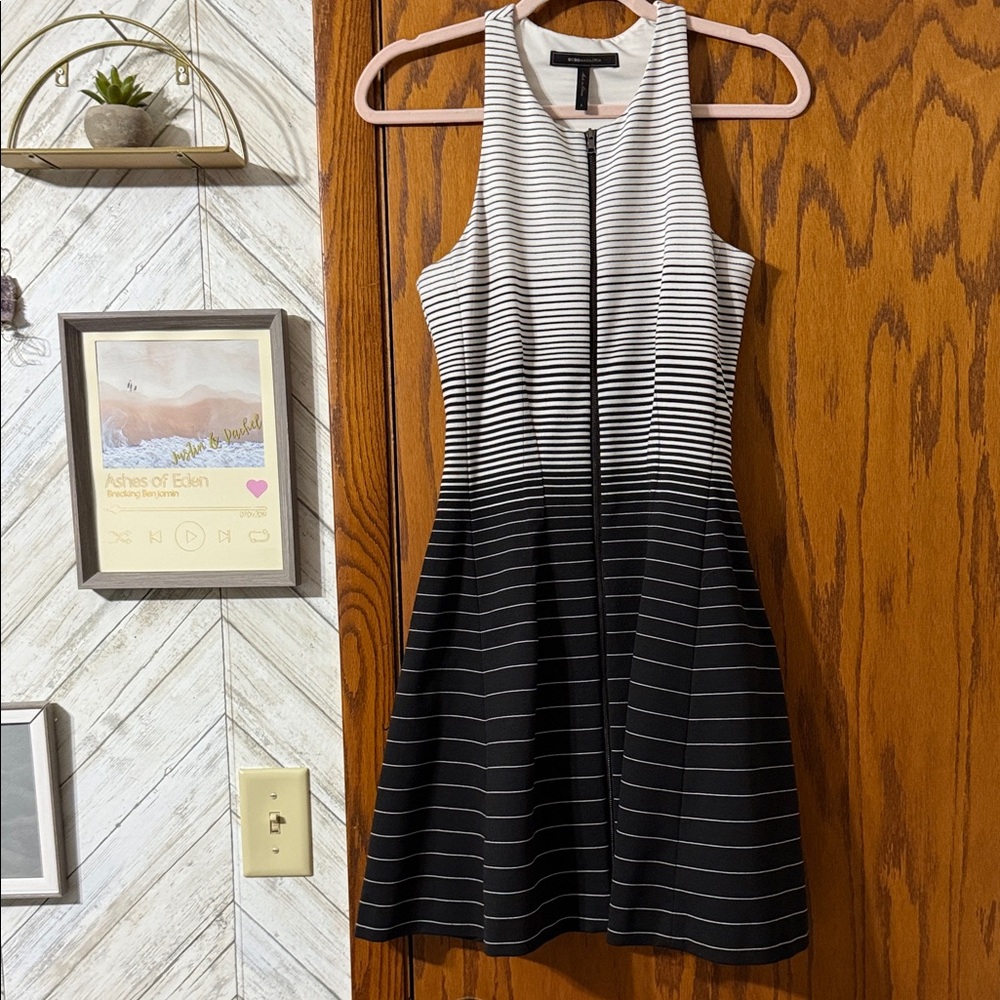 BCBGMaxAzria Black and White Striped Zip-Front Fit & Flare Midi Dress